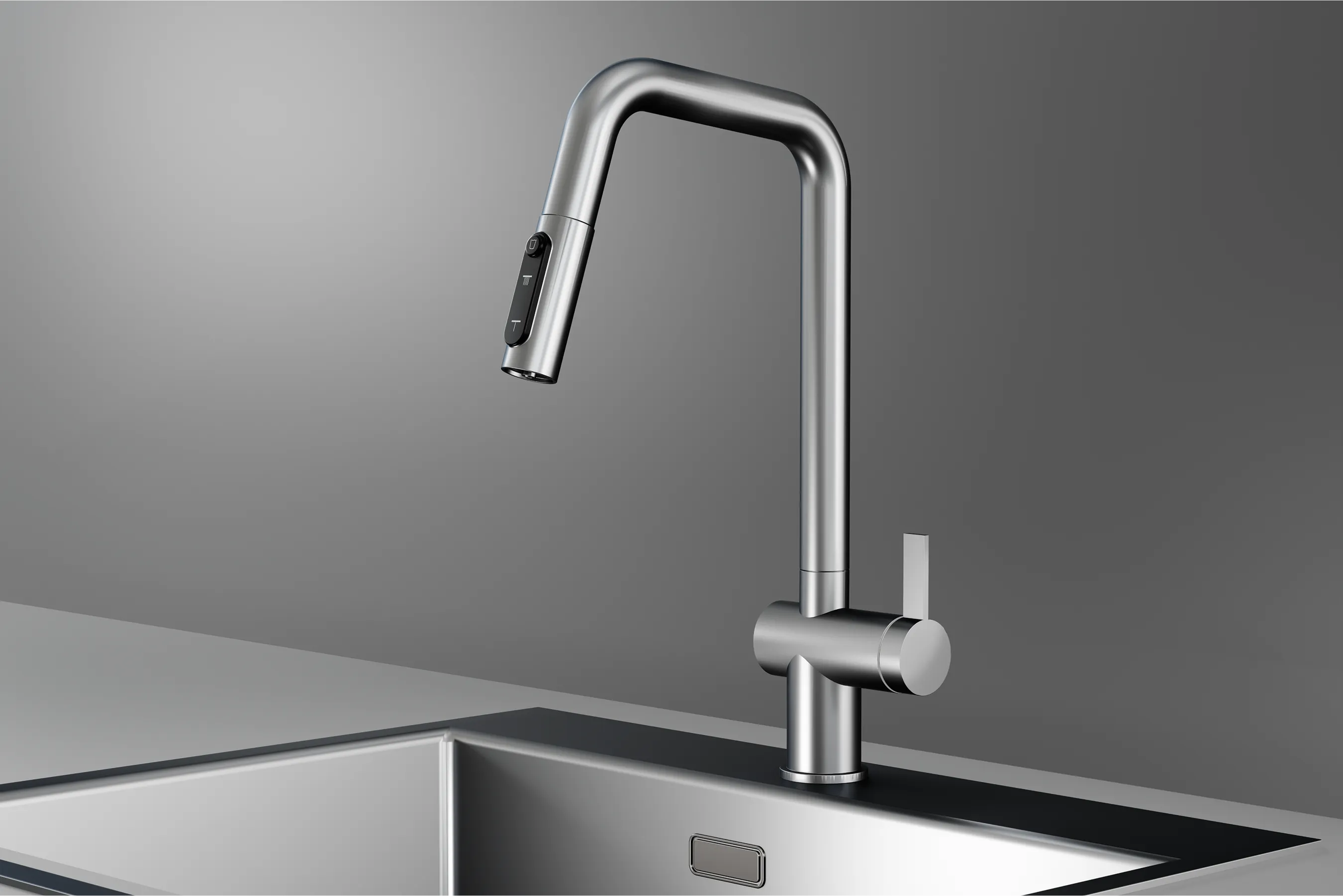 KS-7273, СТАЛЬ САТИН, Смеситель кухонный с выдвижным изливом с переключением на душ и фильтром,сталь