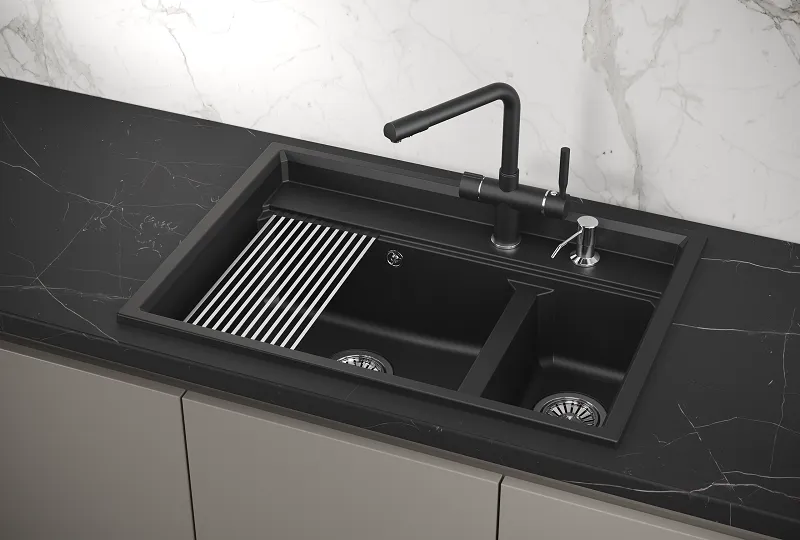 KS-7302, ШВАРЦ (чёрный металлик), кухонная мойка, кварц