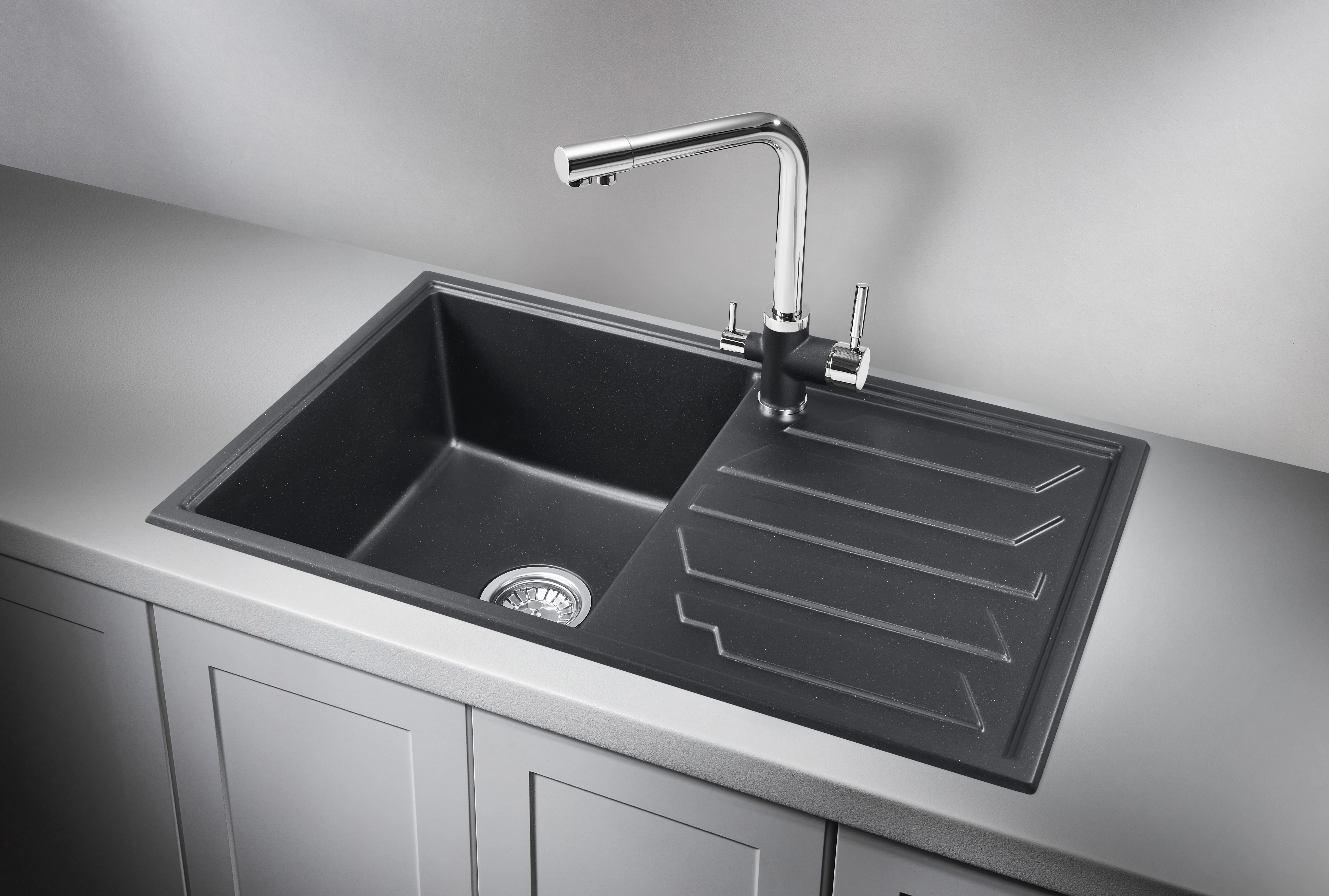 8002, ШВАРЦ (чёрный металлик), кухонная мойка, кварц