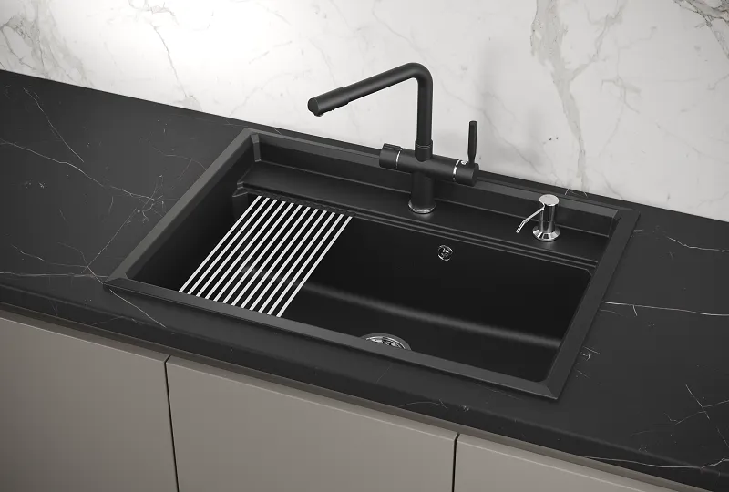 KS-7301, ШВАРЦ (чёрный металлик), кухонная мойка, кварц