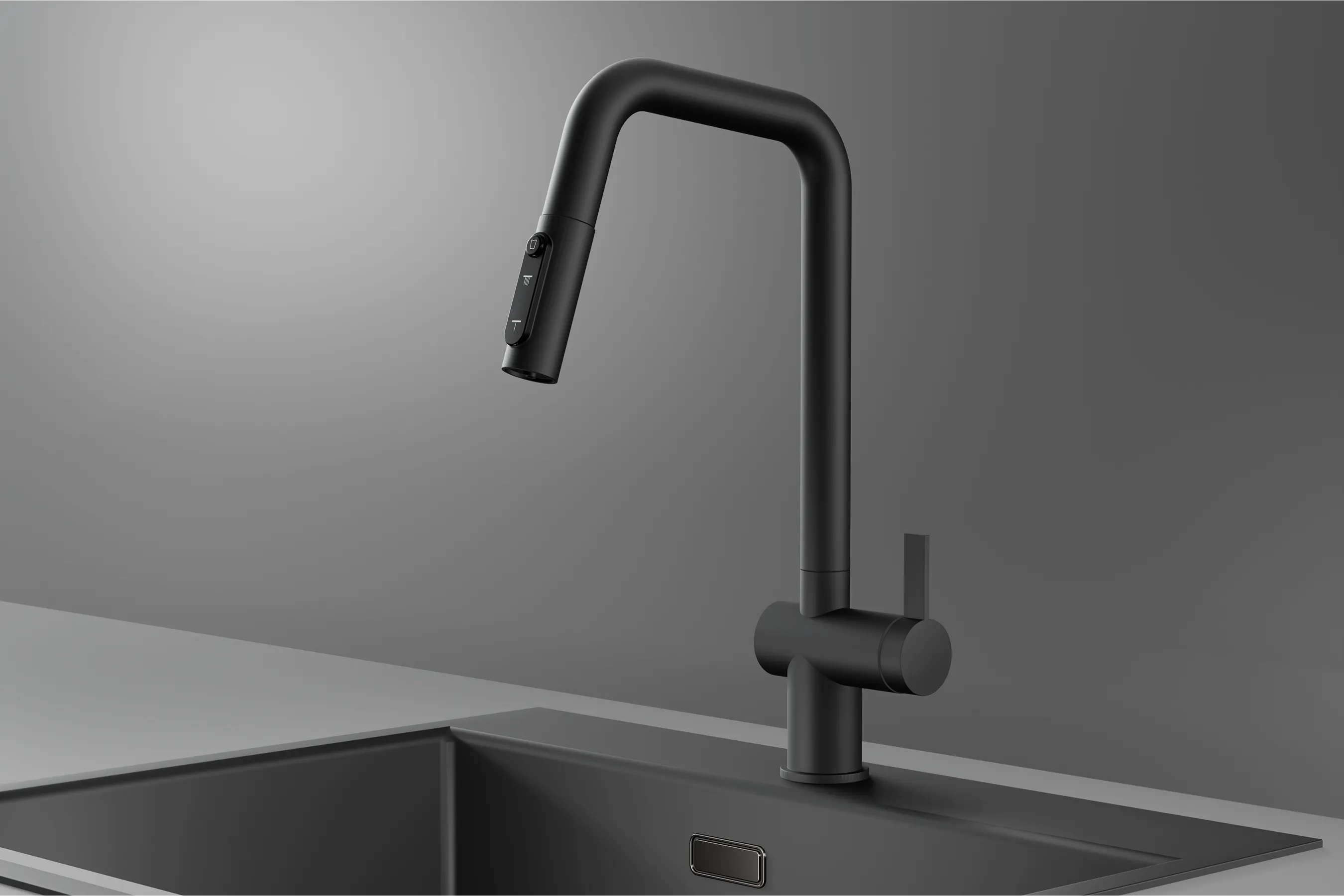 KS-7273, ЧЕРНЫЙ МАТОВЫЙ, Смеситель кухонный с выдвижным изливом с переключением на душ и фильтром,сталь