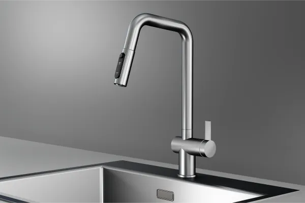 KS-7273, СТАЛЬ САТИН, Смеситель кухонный с выдвижным изливом с переключением на душ и фильтром,сталь