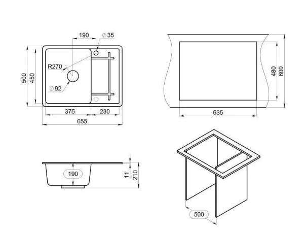 6501, ШВАРЦ (чёрный металлик), кухонная мойка, кварц