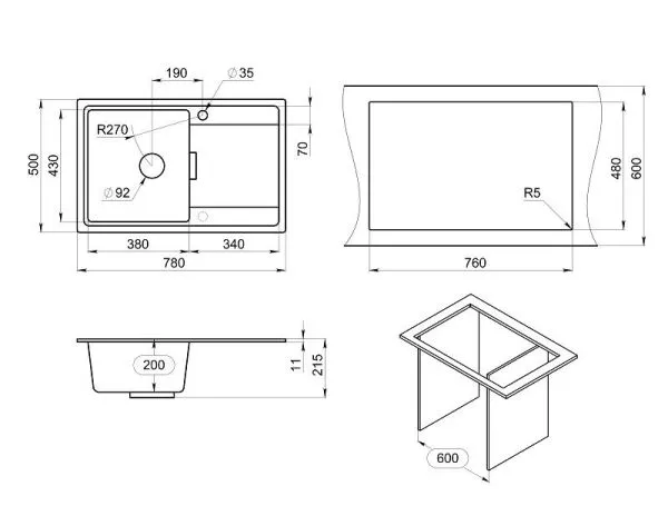 7804, БАЗАЛЬТ, кухонная мойка, кварц