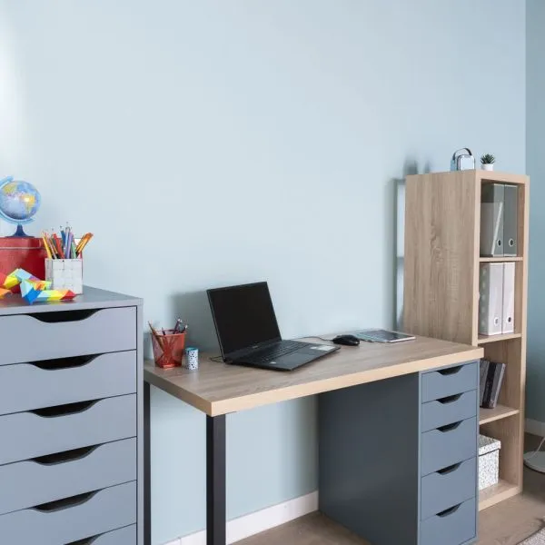 S01378 Ингар 1/5Т стол письменный 120x75x55, дуб беленый/серо-бирюзовый/черный