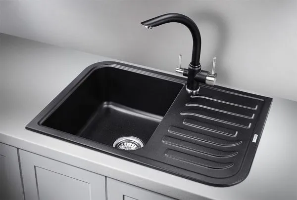 7001, ШВАРЦ (чёрный металлик), кухонная мойка, кварц