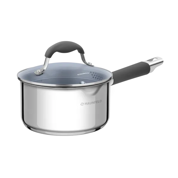 Ковш MAUNFELD LAURA МSP16S08GR из нержавеющей стали со стеклянной крышкой, 16 см, 1,6 л. Нержавеющая сталь