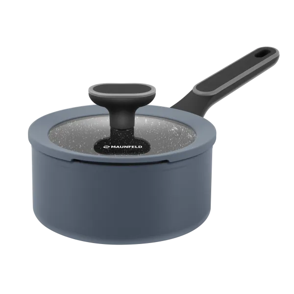 Ковш MAUNFELD FRIDA MSP15FA02DG из кованого алюминия со стеклянной крышкой, 16 см, 1,5 л. Графитовый