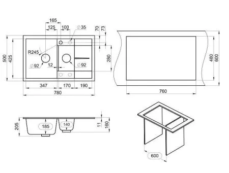 7802, БАЗАЛЬТ, кухонная мойка, кварц