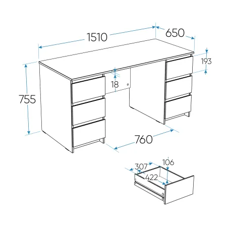 2.03.06.040.1 КАСТОР стол письменный 6 ящиков 151х65 RU белый