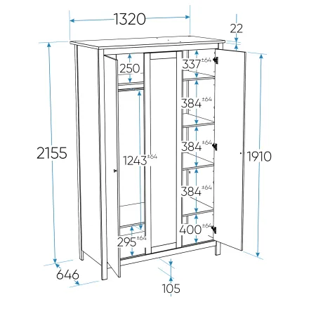 2.08.01.040.6 САГА шкаф 3 двери с зеркалом темно-бирюзовый