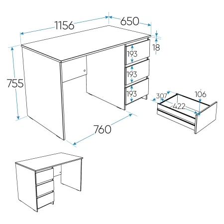 2.03.06.090.1 КАСТОР стол письменный 3 ящика 116х65 RU белый