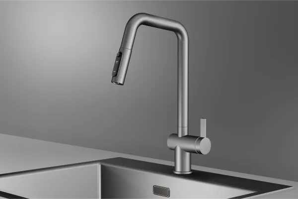 KS-7273, СТАЛЬ МАТОВАЯ, Смеситель кухонный с выдвижным изливом с переключением на душ и фильтром, сталь