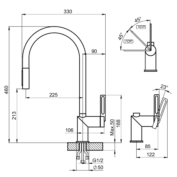 GR-8172, ГРАФИТ, СМЕСИТЕЛЬ КУХОННЫЙ С ВЫДВИЖНЫМ ИЗЛИВОМ
