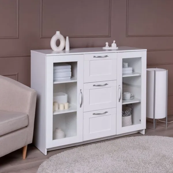 2.02.03.380.1 СИРИУС тумба 2 двери со стеклом и 3 ящика 117х95 белая RU