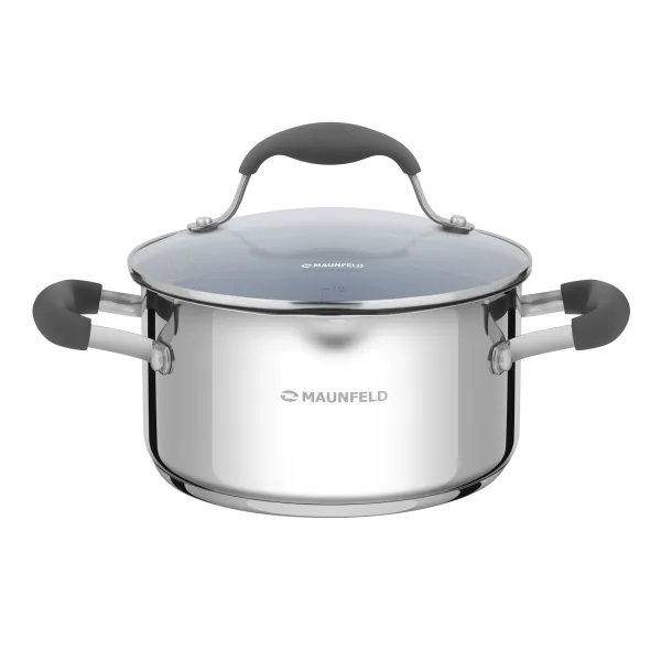 Кастрюля MAUNFELD LAURA MCS22S08GR из нержавеющей стали со стеклянной крышкой, 18 см, 2,2 л. Нержавеющая сталь