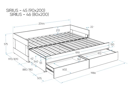 2.02.08.460.3 СИРИУС кровать раздвижная с ящиками 80х200 сонома RU