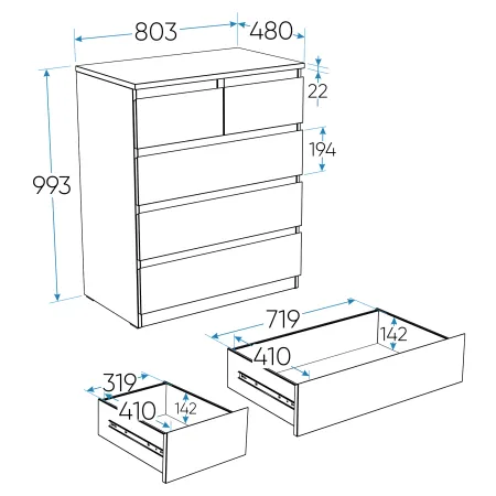 Комод МАЛЬТА высокий с пятью выдвижными ящиками, цвет Дуб Венге