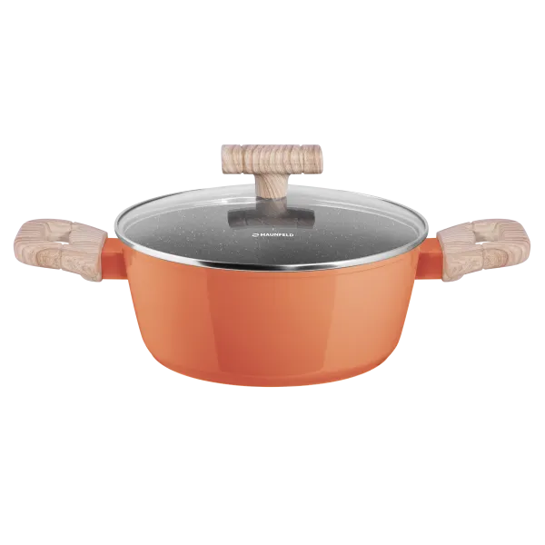 Кастрюля MAUNFELD MARTA MCS22FA06CL из кованого алюминия со стеклянной крышкой, 20 см, 2,2 л. Коралловый