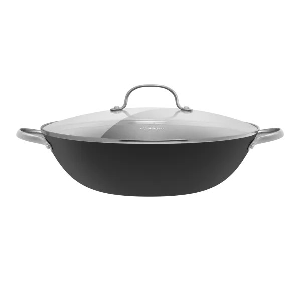 Сковорода-вок MAUNFELD HOWARD MWP32LCL15 из облегченного чугуна со стеклянной крышкой, 32 см Графитовый