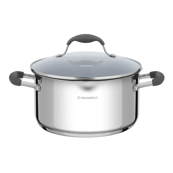 Кастрюля MAUNFELD LAURA MCS56S08GR из нержавеющей стали со стеклянной крышкой, 24 см, 5,6 л. Нержавеющая сталь