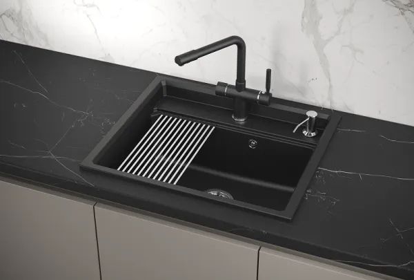 KS-6003, ШВАРЦ (чёрный металлик), кухонная мойка, кварц