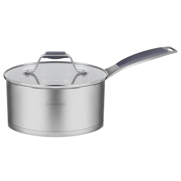 Ковш MAUNFELD MADISON MF18MS01SP из нержавеющей стали со стеклянной крышкой, 16 см, 1,8 л.