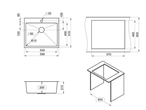 5951, СТАЛЬ САТИН, стальная кухонная мойка