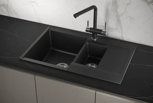 ES-7808, ШВАРЦ (чёрный металлик), кухонная мойка, кварц