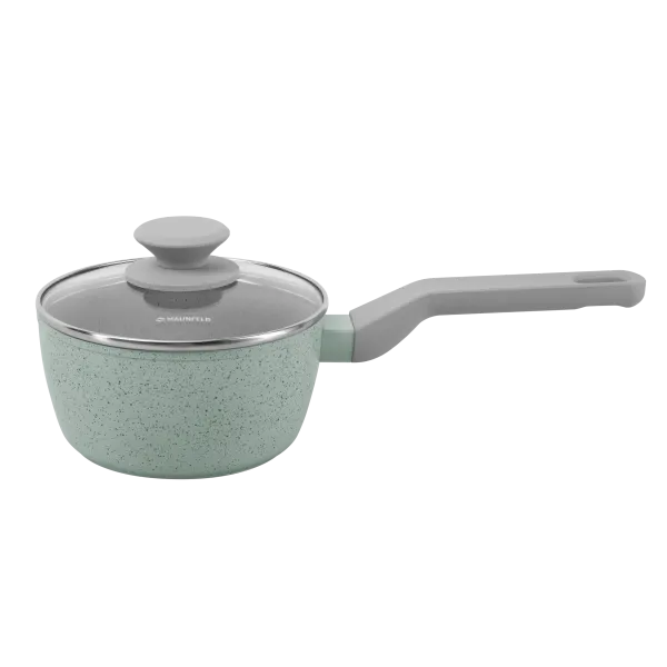 Ковш MAUNFELD HELGA MSP14FA05FS из кованого алюминия со стеклянной крышкой, 16 см, 1,4 л. Фисташковый