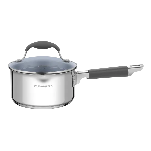 Ковш MAUNFELD LAURA МSP16S08GR из нержавеющей стали со стеклянной крышкой, 16 см, 1,6 л. Нержавеющая сталь