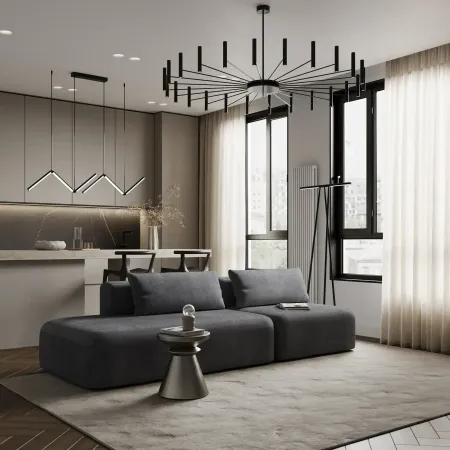 НОВЫЕ ЭМОЦИИ Диван прямой, серый, банкетка слева